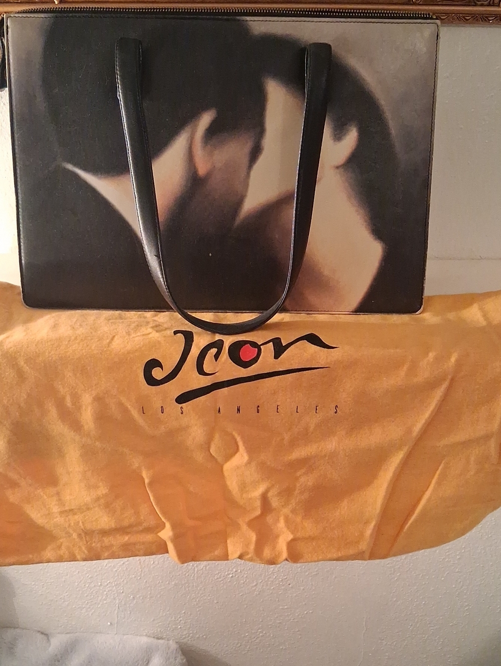 Black Leather Tote Bag with Artistic Print By Icons Los Angeles